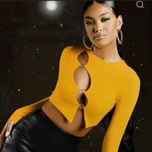 Oh Polly Yellow O-Ring Diagonal Cutout Long Sleeve Crop Top